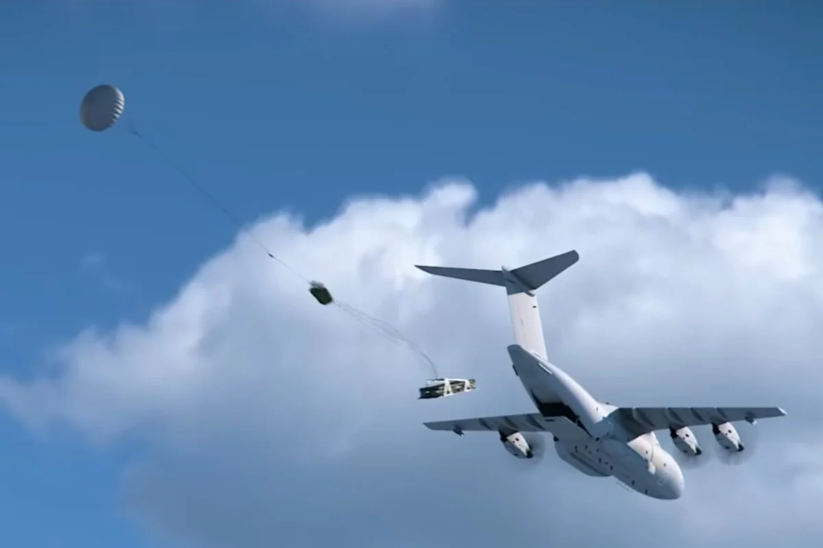 Render of French Air Force A400M airdropping palletized effectors