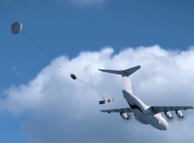 Render of French Air Force A400M airdropping palletized effectors