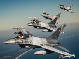 Romanian and Polish F 16 fighters flying in formation