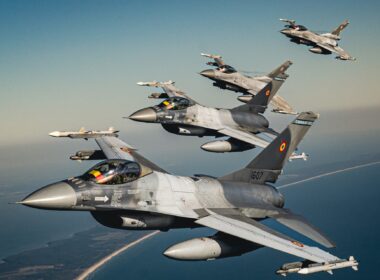 Romanian and Polish F-16 fighters flying in formation