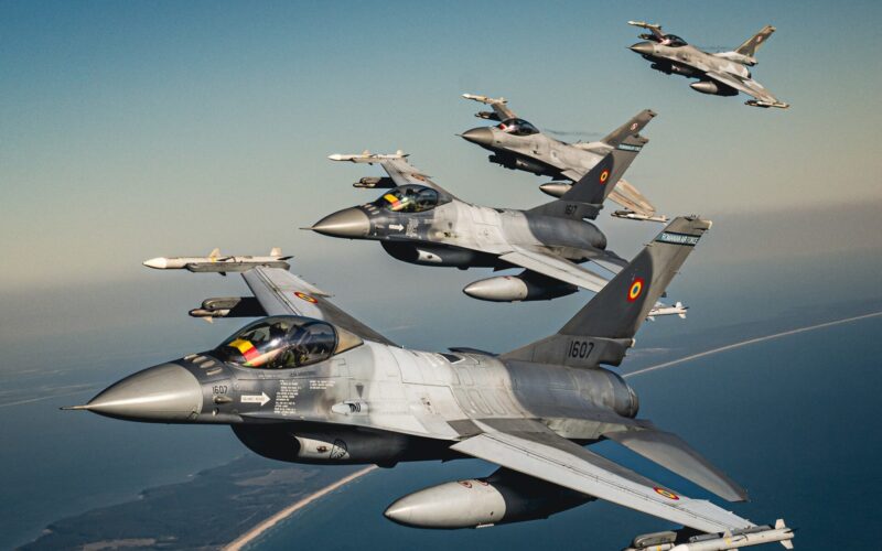 Romanian and Polish F 16 fighters flying in formation Romanian and Polish F 16 fighters flying in formation