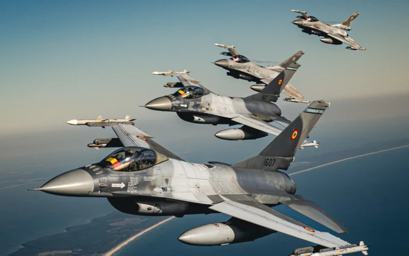 Romanian and Polish F 16 fighters flying in formation