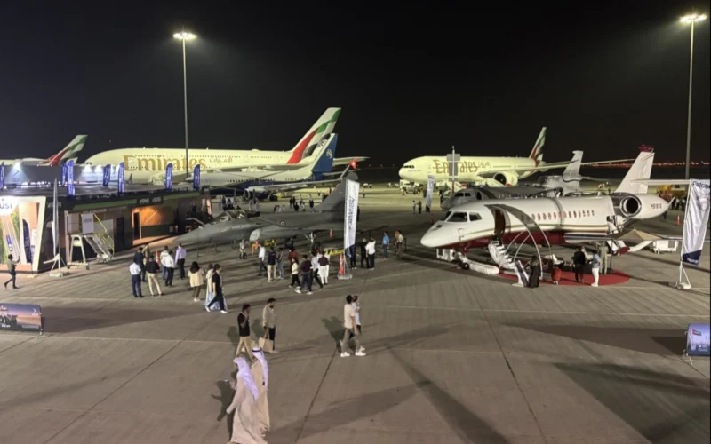 Aircraft at night at Dubai Airshow 2025