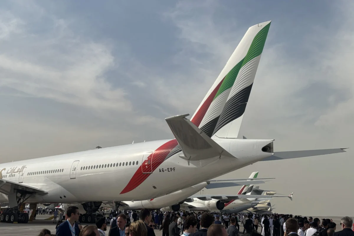 Emirates Boeing 777 tail at Dubai Airshow 2025