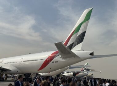 Emirates Boeing 777 tail at Dubai Airshow 2025