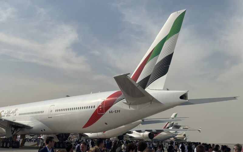 Emirates Boeing 777 tail at Dubai Airshow 2025