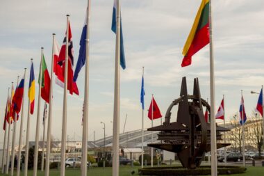 NATO country flags wave at the entrance of NATO headquarters in Brussels