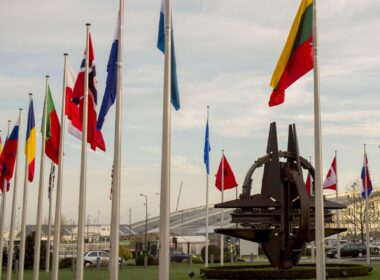NATO country flags wave at the entrance of NATO headquarters in Brussels