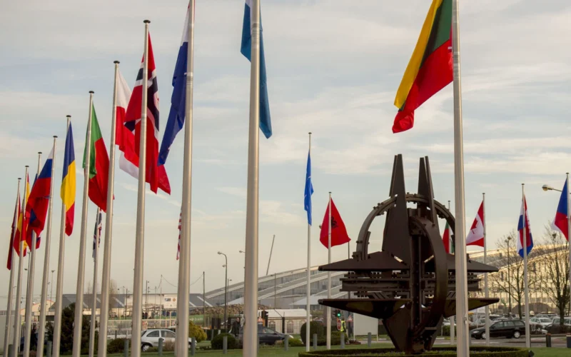 NATO country flags wave at the entrance of NATO headquarters in Brussels