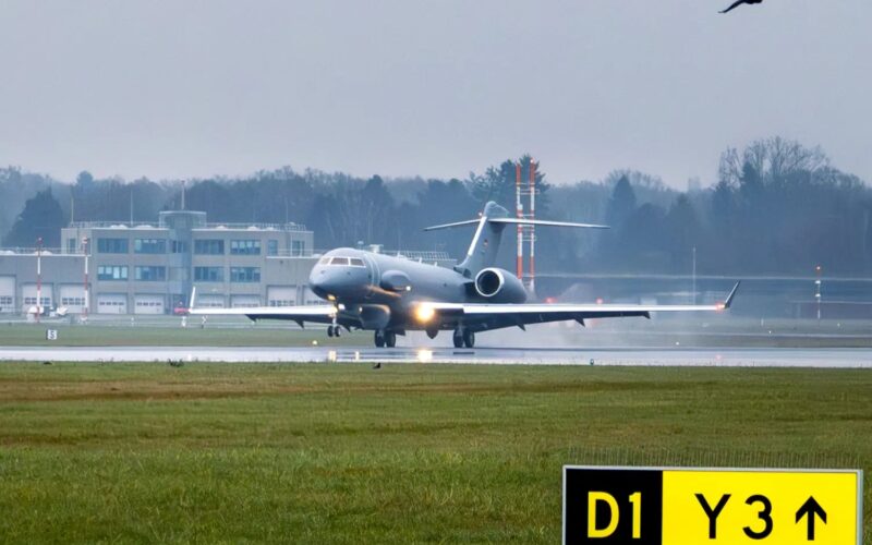 The modified Bombardier Global 6000 for the PEGASUS air surveillance mission SIGINT landing in Hamburg