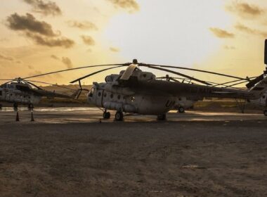 United Nations helicopters at Mogadishu Airport in Somalia.