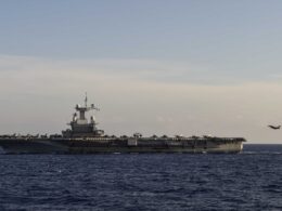 A French Navy Rafale Marine landing aboard the Charles de Gaulle aircraft carrier