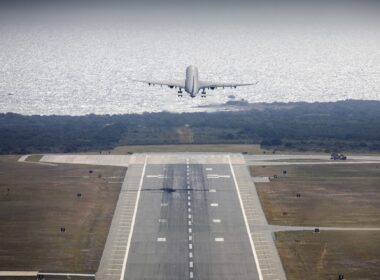A Royal Air Force (RAF) Voyager strategic tanker aircraft, taking off from RAF Akrotiri