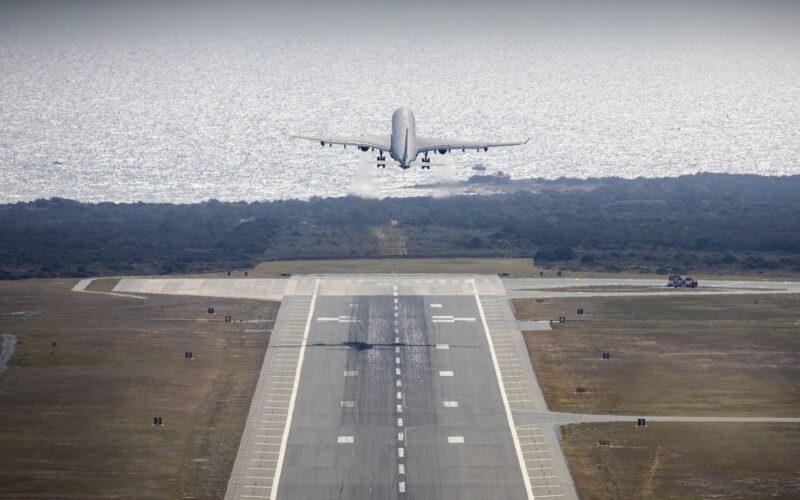 A Royal Air Force RAF Voyager strategic tanker aircraft taking off from RAF Akrotiri A Royal Air Force RAF Voyager strategic tanker aircraft taking off from RAF Akrotiri