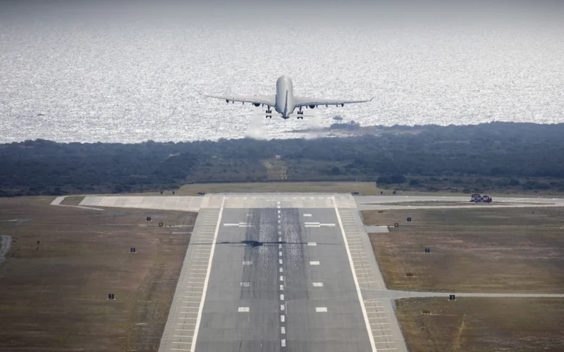A Royal Air Force RAF Voyager strategic tanker aircraft taking off from RAF Akrotiri