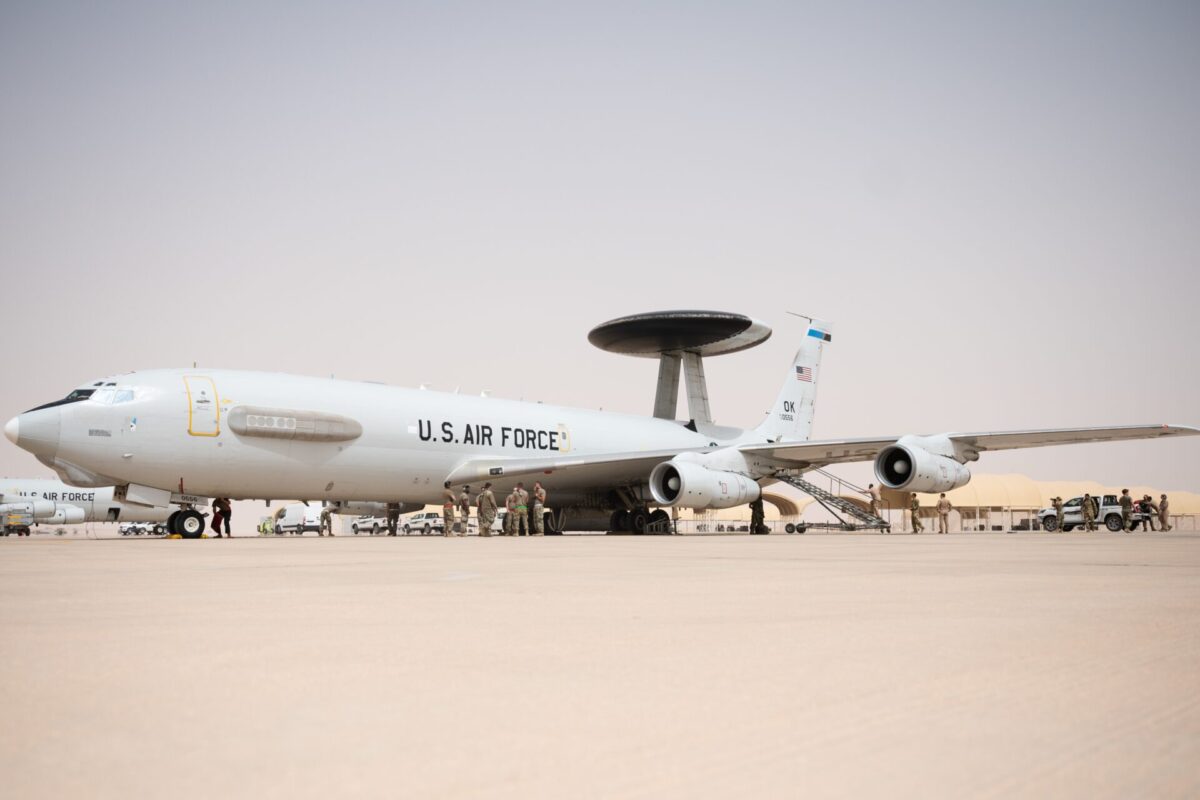 A US Air Force E 3 Sentry on the flight line at Prince Sultan Air Base Kingdom of Saudi Arabia A US Air Force E 3 Sentry on the flight line at Prince Sultan Air Base Kingdom of Saudi Arabia