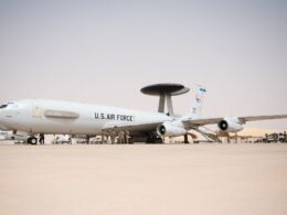 A US Air Force E 3 Sentry on the flight line at Prince Sultan Air Base Kingdom of Saudi Arabia