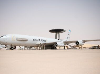 A U.S. Air Force E-3 Sentry on the flight line at Prince Sultan Air Base, Kingdom of Saudi Arabia