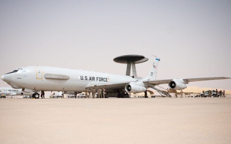 A US Air Force E 3 Sentry on the flight line at Prince Sultan Air Base Kingdom of Saudi Arabia