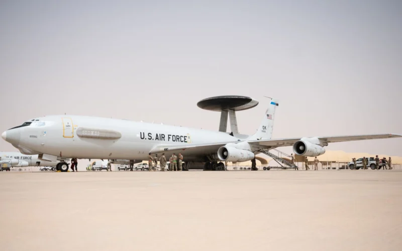 A US Air Force E 3 Sentry on the flight line at Prince Sultan Air Base Kingdom of Saudi Arabia
