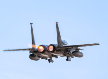 A U.S. Air Force F-15E Strike Eagle aircraft in Kuwait