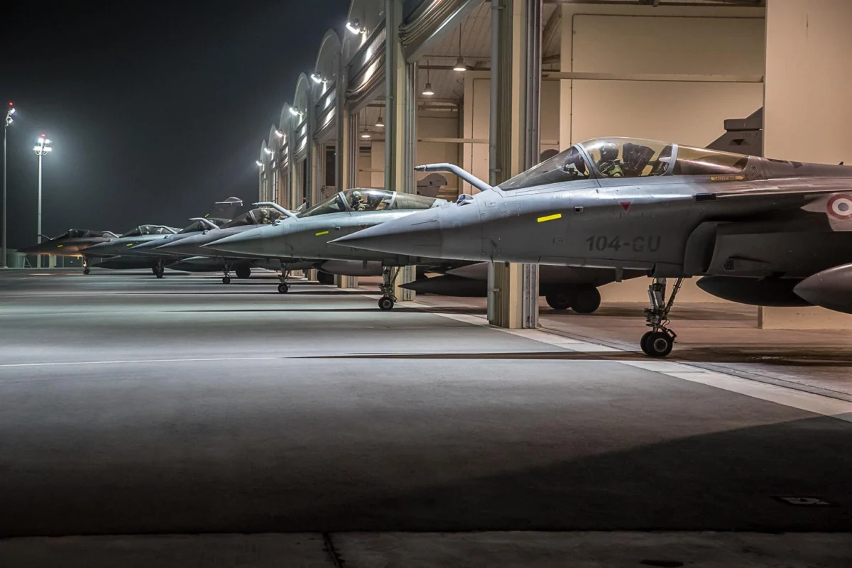 French Rafale jets by night at Al Dhafra air base French Rafale jets by night at Al Dhafra air base