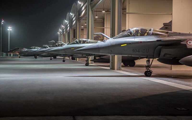 French Rafale jets by night at Al Dhafra air base French Rafale jets by night at Al Dhafra air base