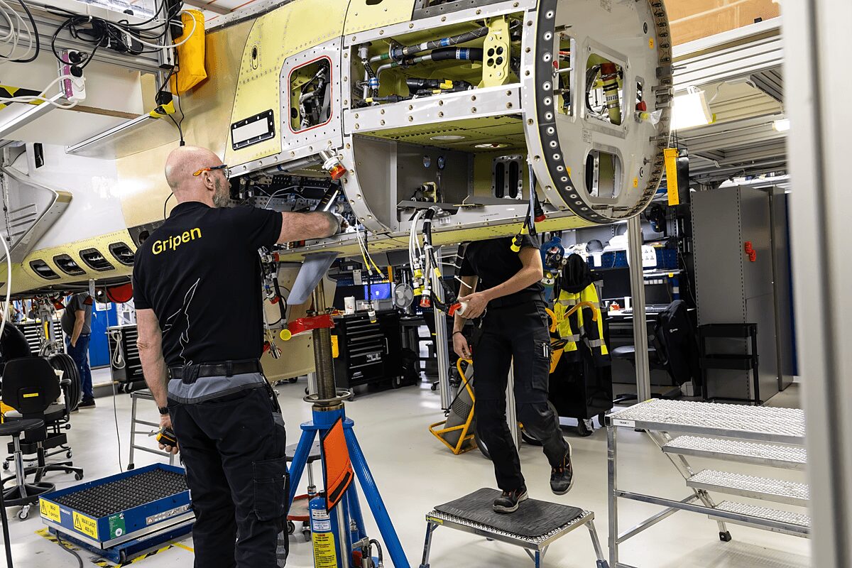 Gripen fighter jet on the assembly line at Saabs production facility in Linkoping Gripen fighter jet on the assembly line at Saab's production facility in Linkoping