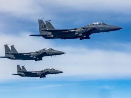 Three US Air Force F 15E Strike Eagle aircraft