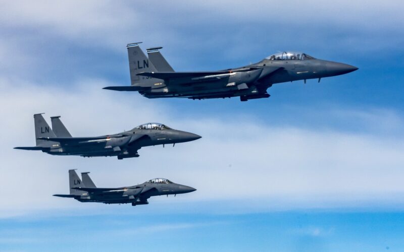 Three US Air Force F 15E Strike Eagle aircraft Three US Air Force F 15E Strike Eagle aircraft