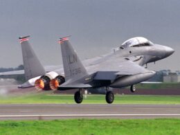 A US Air Force F 15E Eagle lifts off from RAF Mildenhall