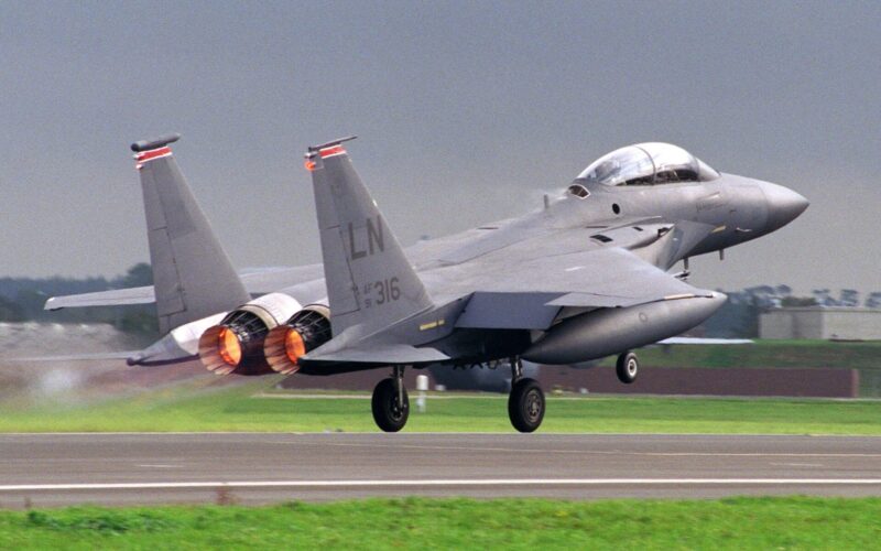A US Air Force F 15E Eagle lifts off from RAF Mildenhall