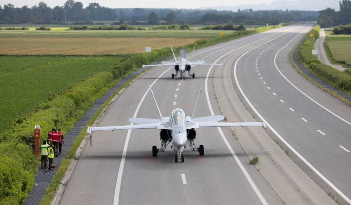 Swiss Air Force Hornet fighters on roadbase