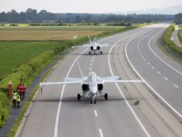Swiss Air Force Hornet fighters on roadbase
