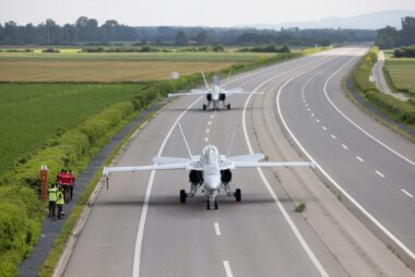 Swiss Air Force Hornet fighters on roadbase