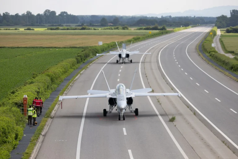 Swiss Air Force Hornet fighters on roadbase