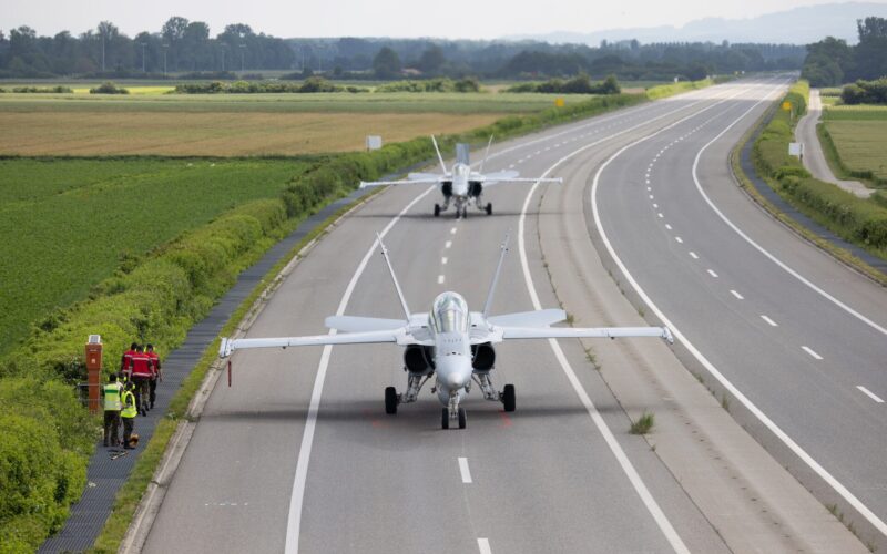 Swiss Air Force Hornet fighters on roadbase Swiss Air Force Hornet fighters on roadbase