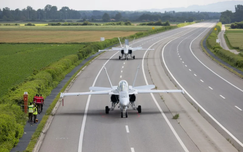 Swiss Air Force Hornet fighters on roadbase