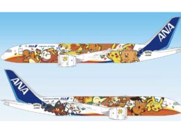 ANA passenger jet with colorful Pokémon characters painted along the fuselage blue sky backdrop