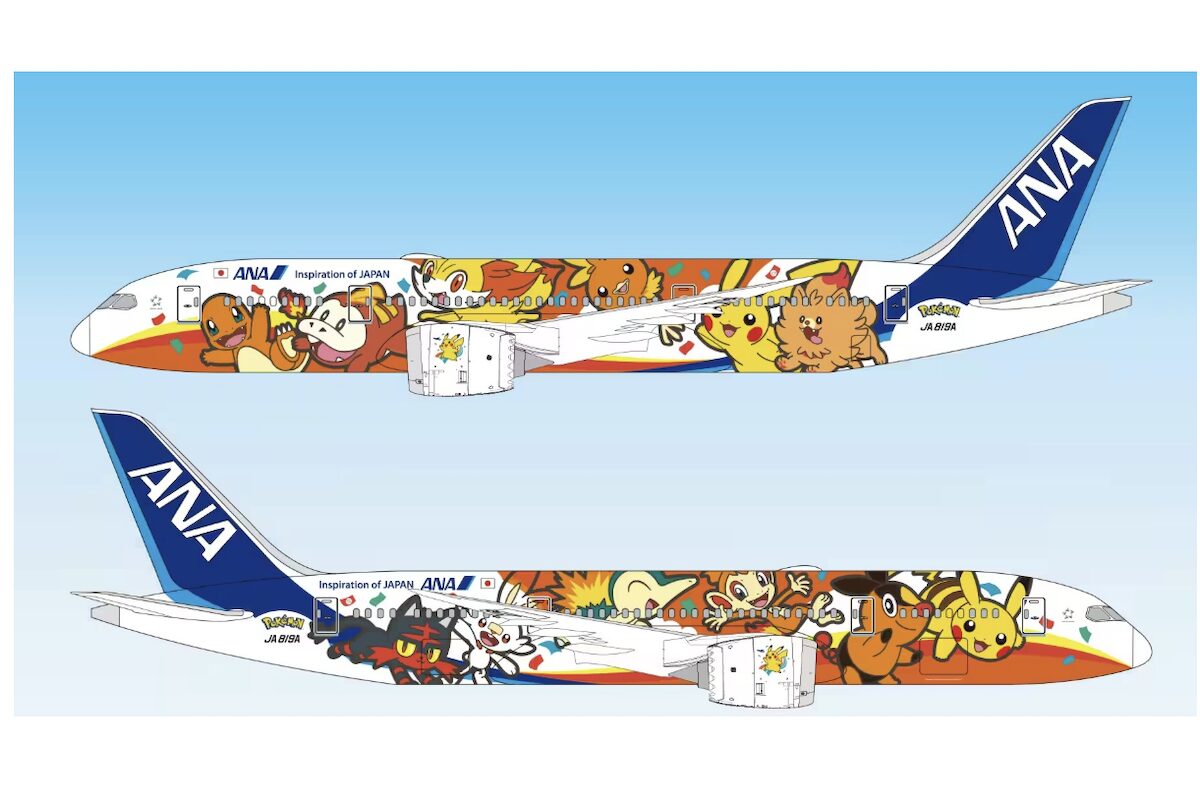 ANA pokemon jet ANA passenger jet with colorful Pokémon characters painted along the fuselage blue sky backdrop