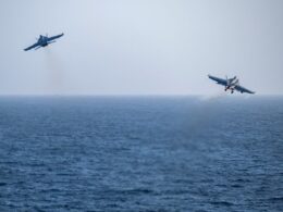 FA 18 Super Hornets and EA 18G Growlers USS Abraham Lincoln