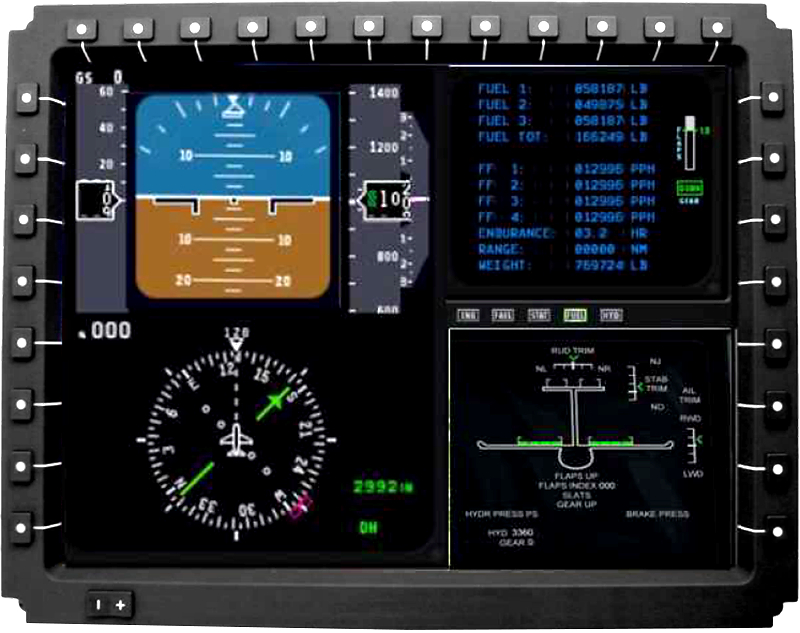 Intellisense Systems MFD Aircraft primary flight display showing attitude indicator airspeed altitude and engine data panels as in a cockpit instrument cluster