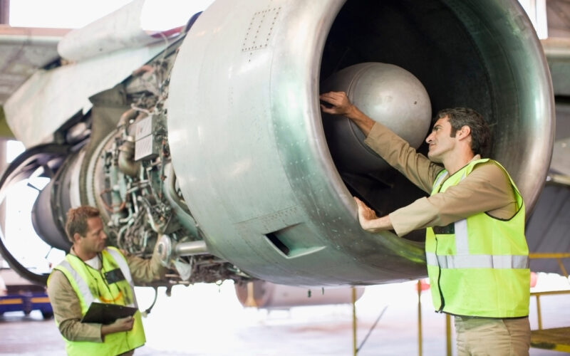 Aircraft workers checking airplane Aircraft workers checking airplane