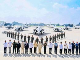 President Prabowo Subianto stands with senior officials and Indonesian Air Force personnel in front of the newly inducted Dassault Rafales Falcon 8X jets and Airbus A400M MRTT at Halim Perdanakusuma Air Base