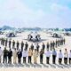 President Prabowo Subianto stands with senior officials and Indonesian Air Force personnel in front of the newly inducted Dassault Rafales Falcon 8X jets and Airbus A400M MRTT at Halim Perdanakusuma Air Base
