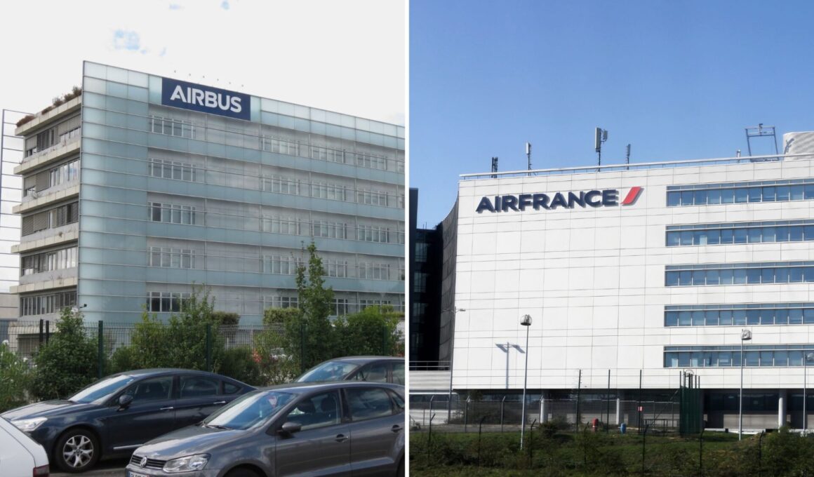 Split image left shows Airbus office building with glass facade and a blue Airbus sign right shows Air France headquarters with white panels and a large Air France sign on a clear day