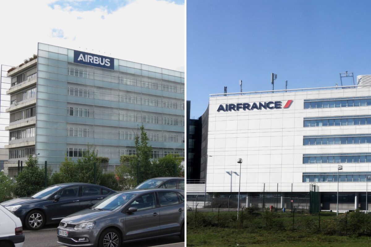 Split image left shows Airbus office building with glass facade and a blue Airbus sign right shows Air France headquarters with white panels and a large Air France sign on a clear day