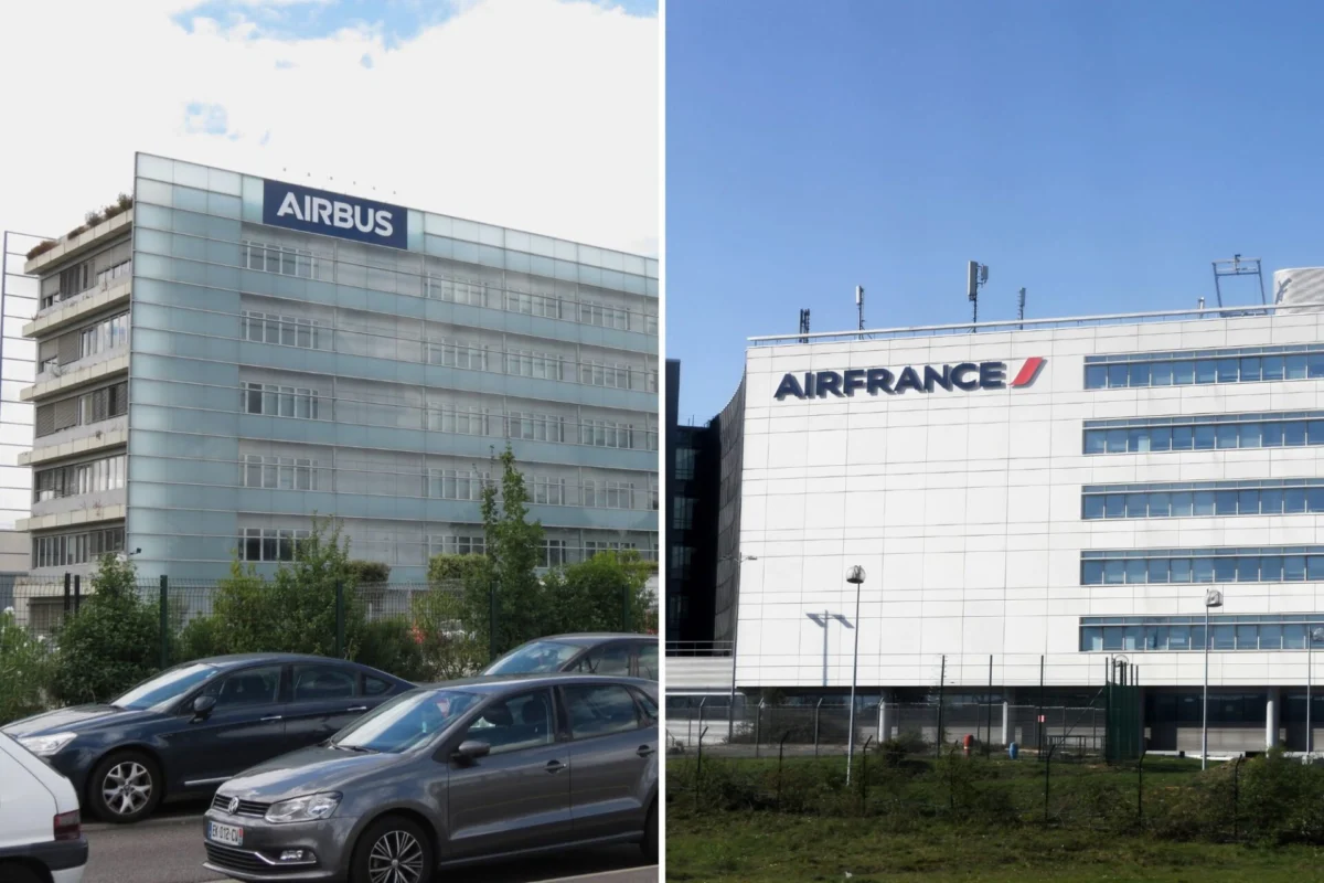Untitled design 11 Split image left shows Airbus office building with glass facade and a blue Airbus sign right shows Air France headquarters with white panels and a large Air France sign on a clear day