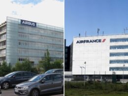 Split image left shows Airbus office building with glass facade and a blue Airbus sign right shows Air France headquarters with white panels and a large Air France sign on a clear day