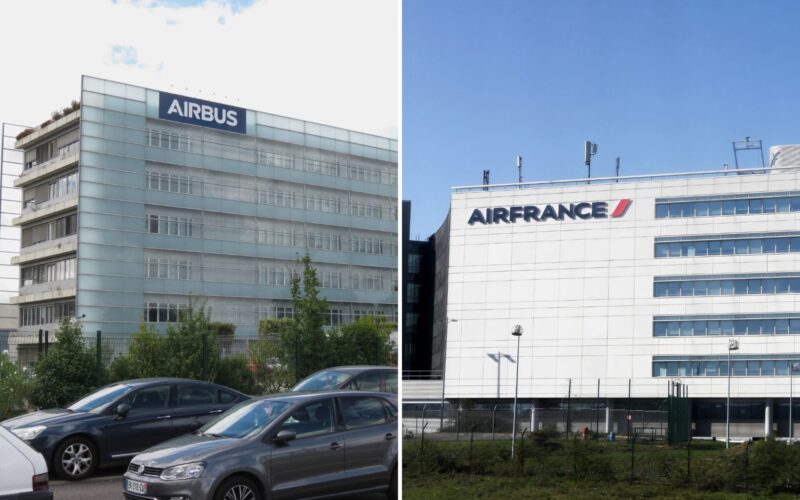 Untitled design 11 Split image left shows Airbus office building with glass facade and a blue Airbus sign right shows Air France headquarters with white panels and a large Air France sign on a clear day